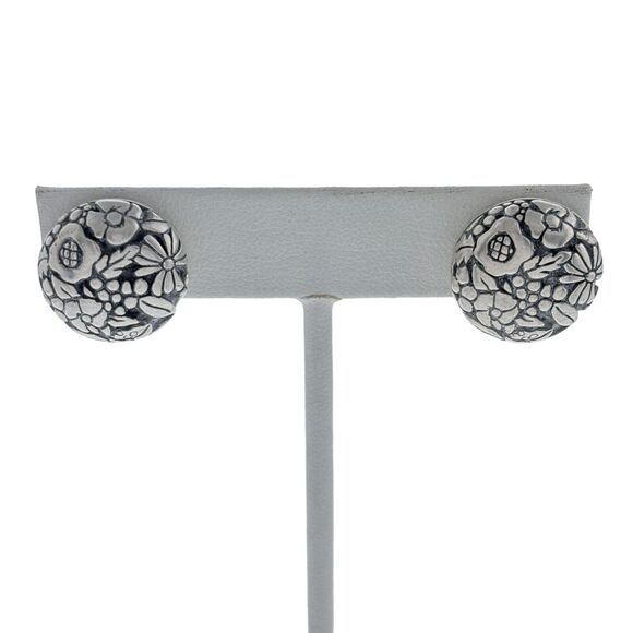Vintage MSL NAH Sterling Silver 925 Floral Relief Button Clip On Earrings - Picture 2 of 8
